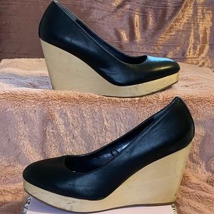 Black faux leather and wood wedges